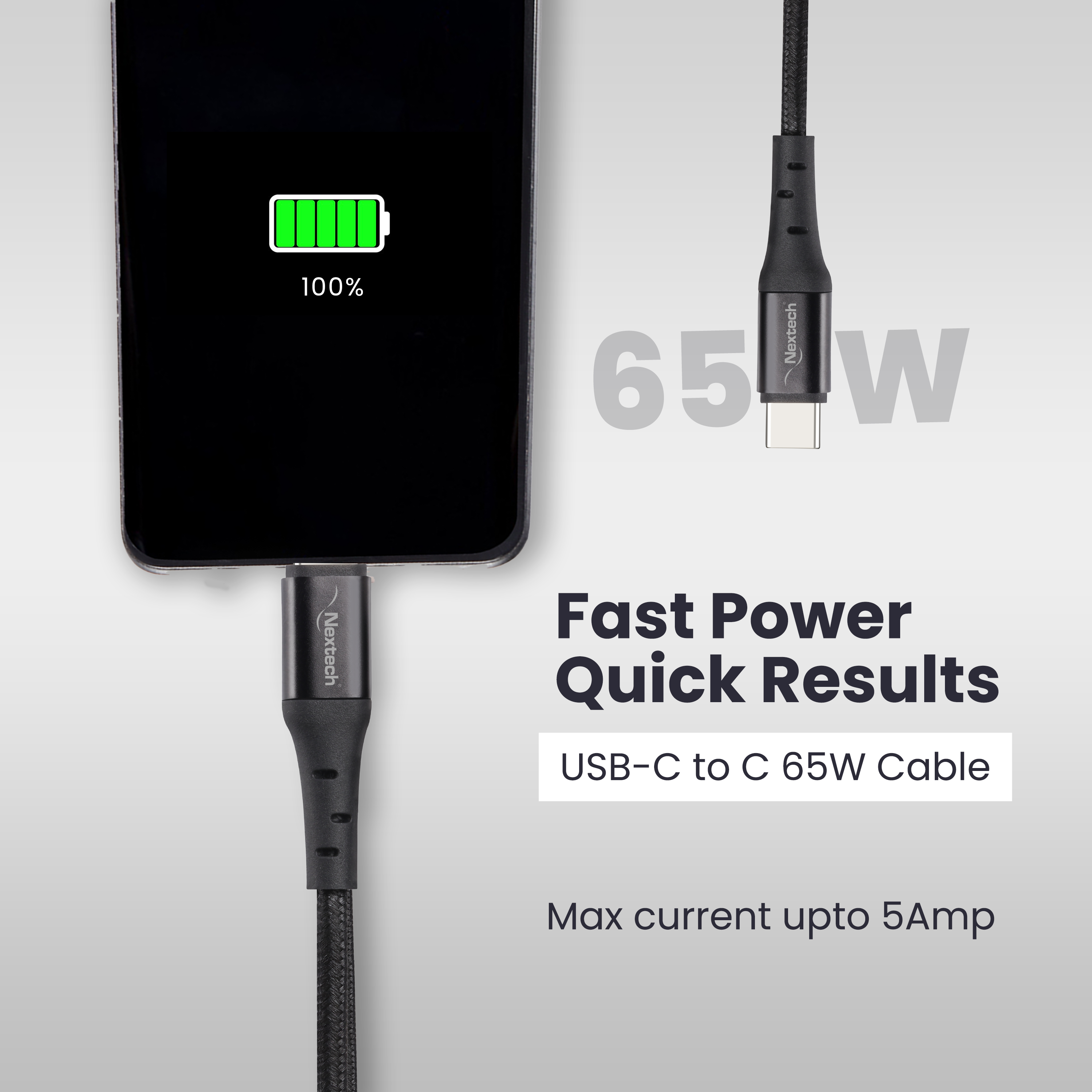 Nextech 65W USB Type-C to Type-C Cable 1.2M Long | Fast Charging Braided USB-C Cable for Smartphones, Laptops & Tablets | Durable, Safe & Tangle-Free C to C Charger Cable (Black)