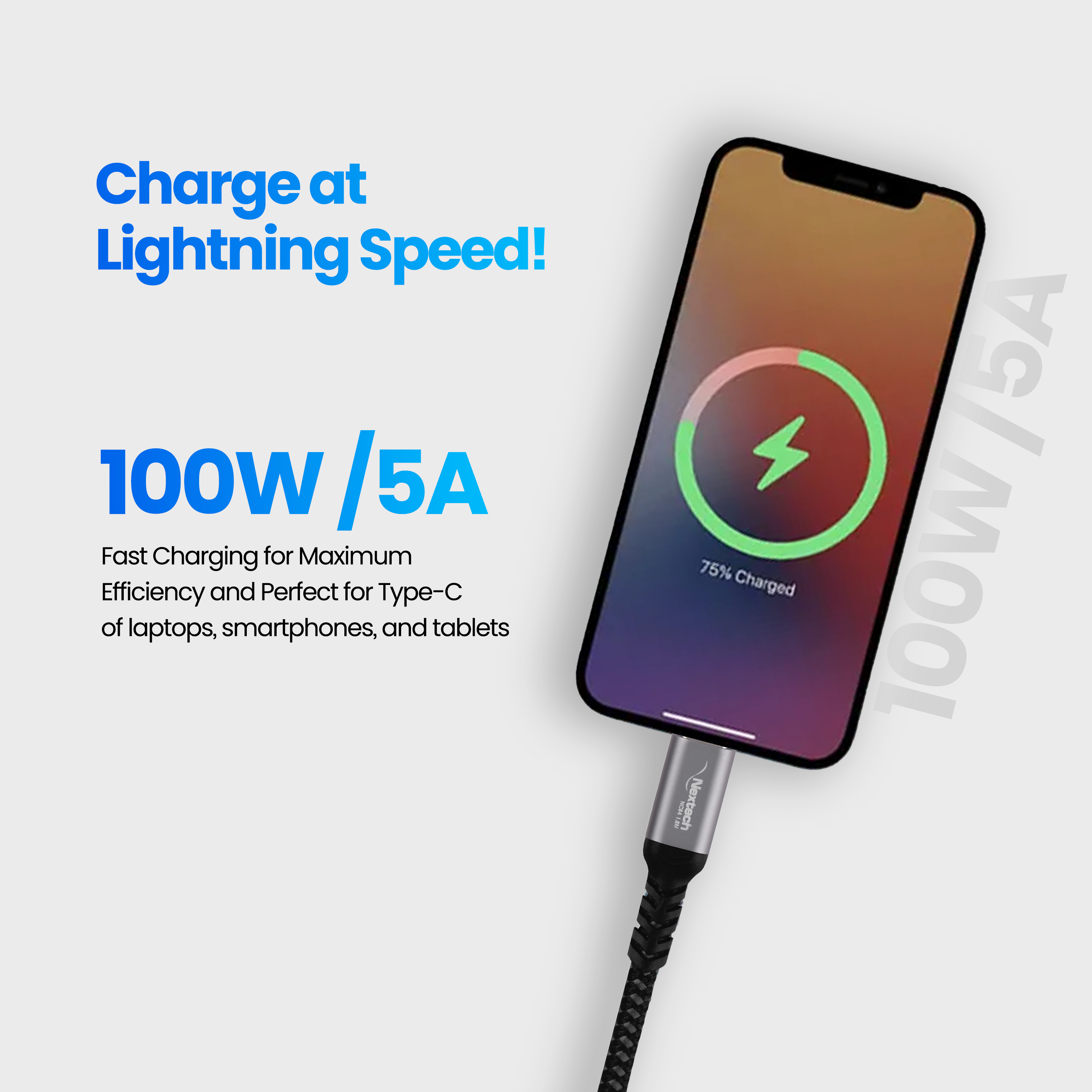 Nextech 100W USB 3.2 Gen 2 Video Type-C To Type-C Cable|Fast Charging Braided Cable|10Gbps Data Sync|Supports DP Alt Mode For 4K Video Output|Compatible With Smartphones,Laptops & More,1.8M,Black