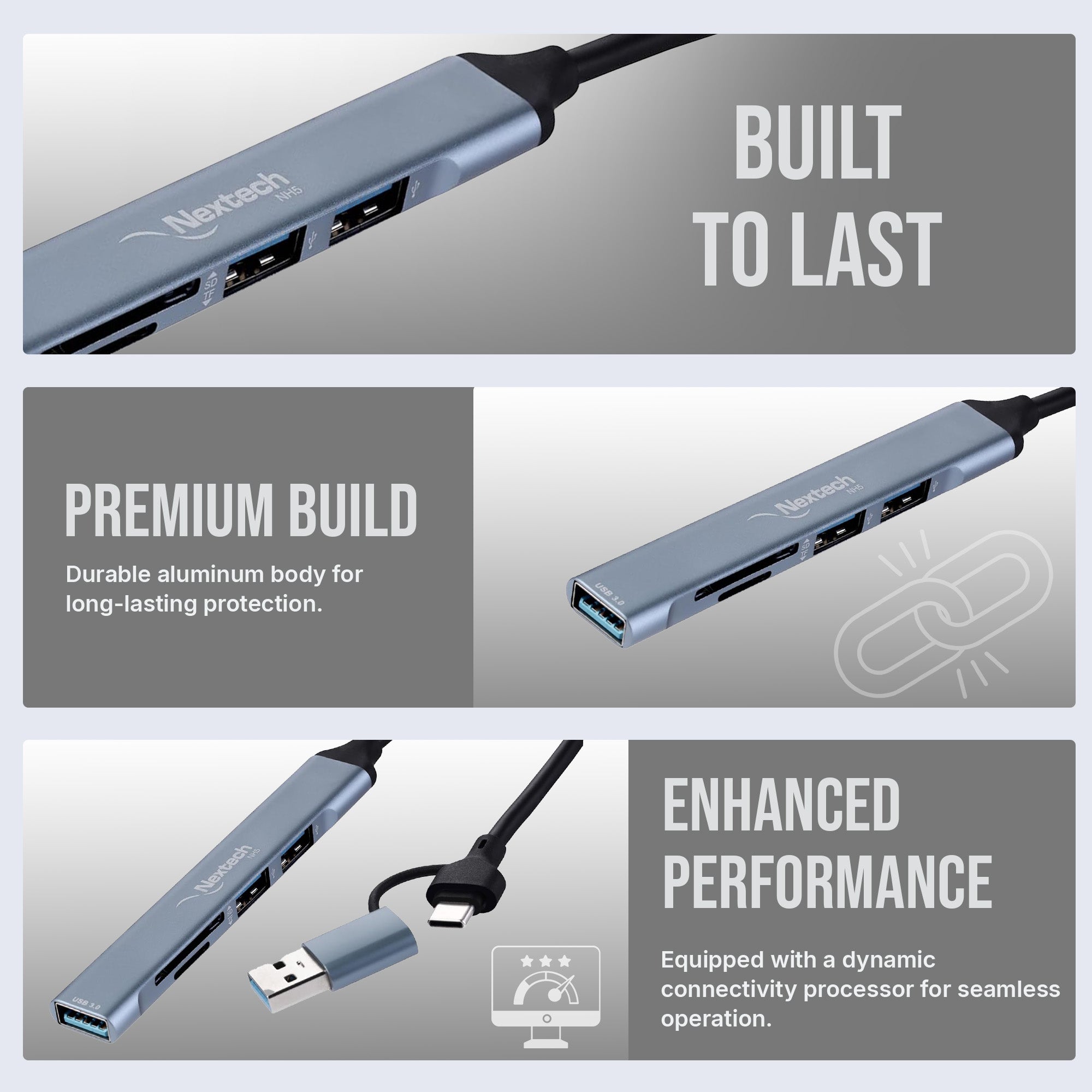 Nextech 5-in-2 USB-C & USB 3.0 Card Reader Hub – SD/MicroSD Card Reader + 3 USB Ports, USB-C Adapter for Laptop, MacBook, PC, Smartphone, and Tablet
