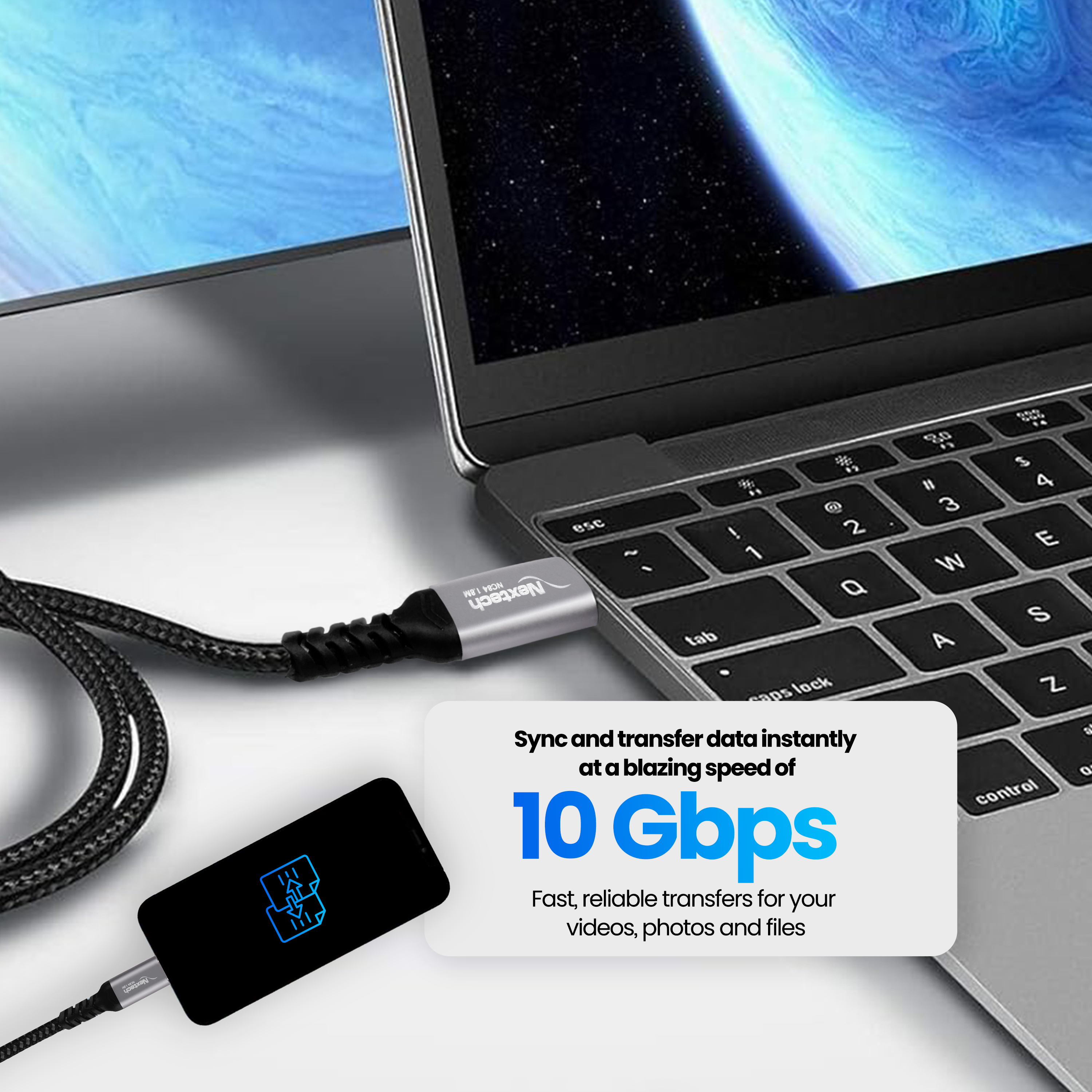 Nextech 100W USB 3.2 Gen 2 Video Type-C To Type-C Cable|Fast Charging Braided Cable|10Gbps Data Sync|Supports DP Alt Mode For 4K Video Output|Compatible With Smartphones,Laptops & More,1.8M,Black