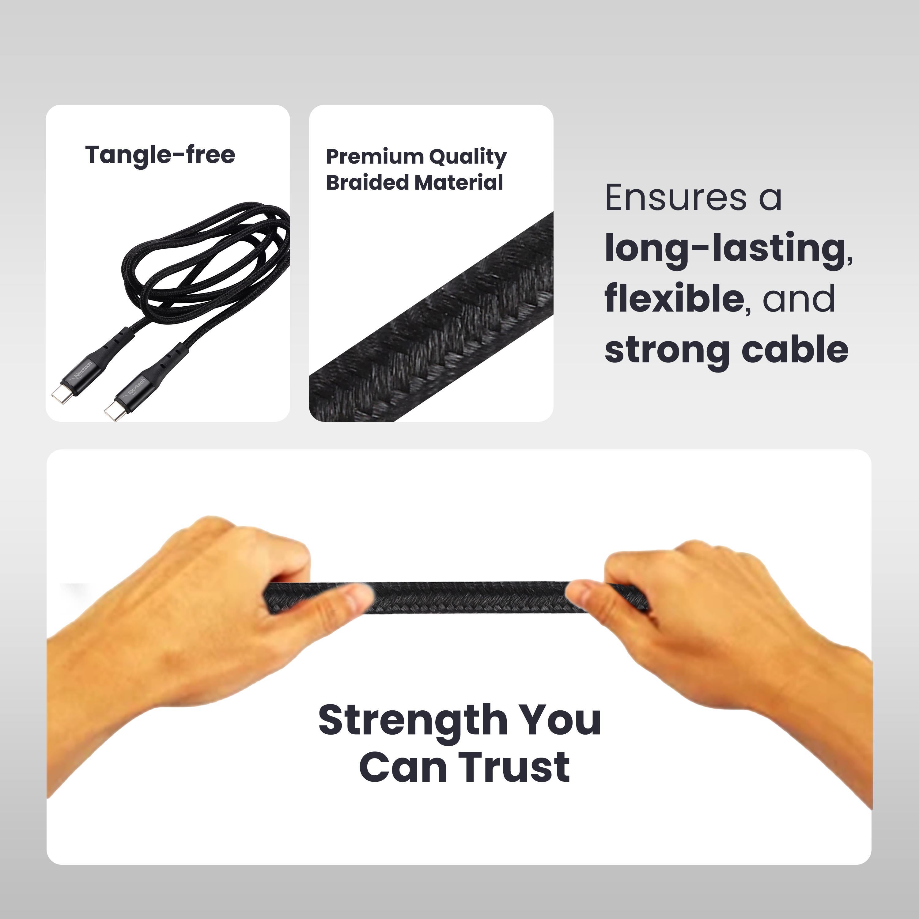 Nextech 65W Type C to Type C Fast Charging Cable | 5A Fast Charging 2.44m Braided USB Cable for Smartphones, Tablets, Laptops & Other USB C Devices | 480Mbps Data Sync, Durable & Reliable, Black