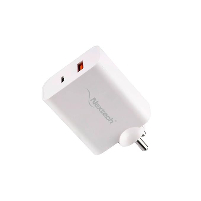 Nextech 65W Fast Charger Adapter – Dual Port (USB-C & USB-A) Mobile & Laptop Charger Compatible with iPhone 16/16+/16 Pro/16 Pro Max, iPhone 15/14/13/12 Series, MacBook, Samsung etc. (White)