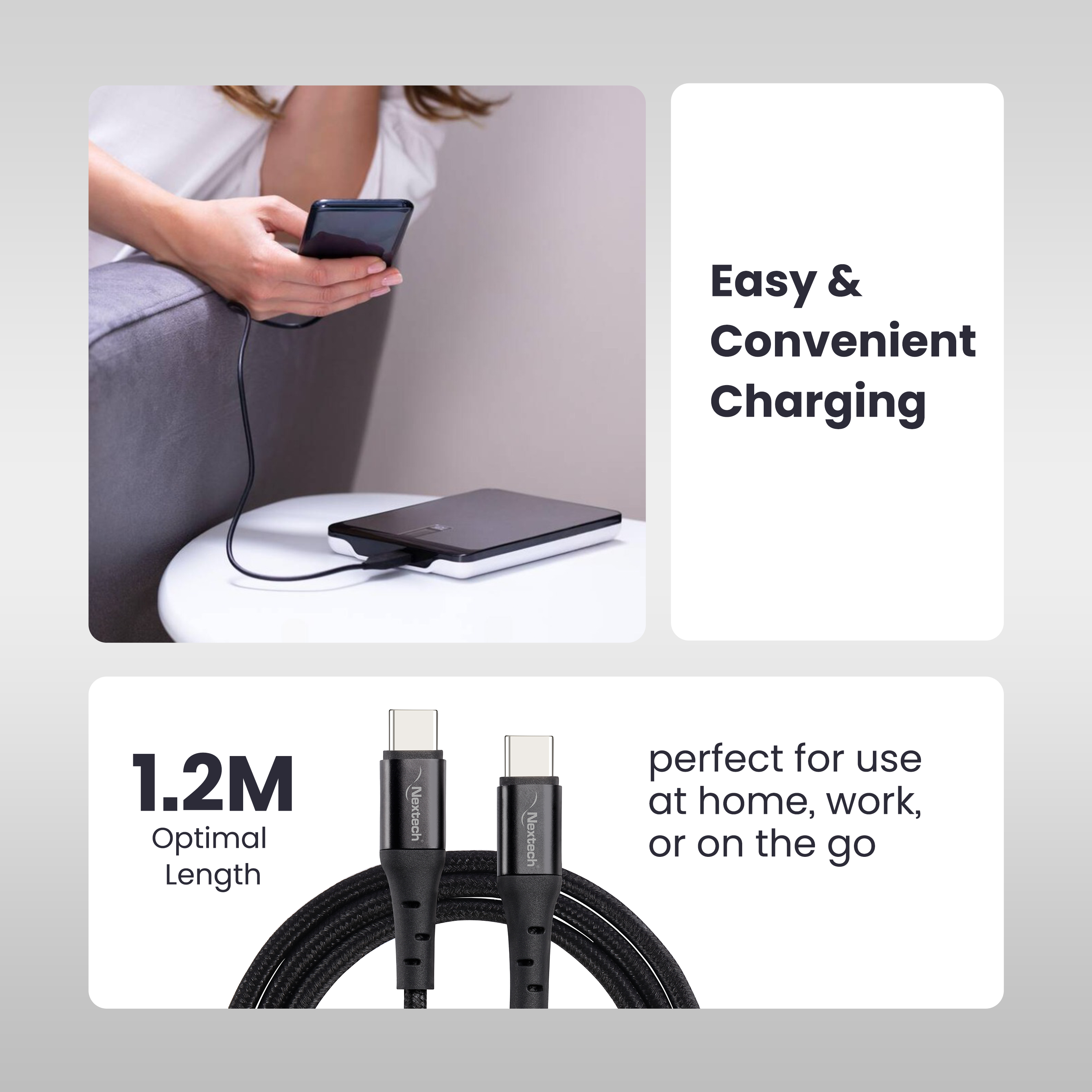Nextech 65W Type C to Type C Fast Charging Cable | 5A Fast Charging 2.44m Braided USB Cable for Smartphones, Tablets, Laptops & Other USB C Devices | 480Mbps Data Sync, Durable & Reliable, Black