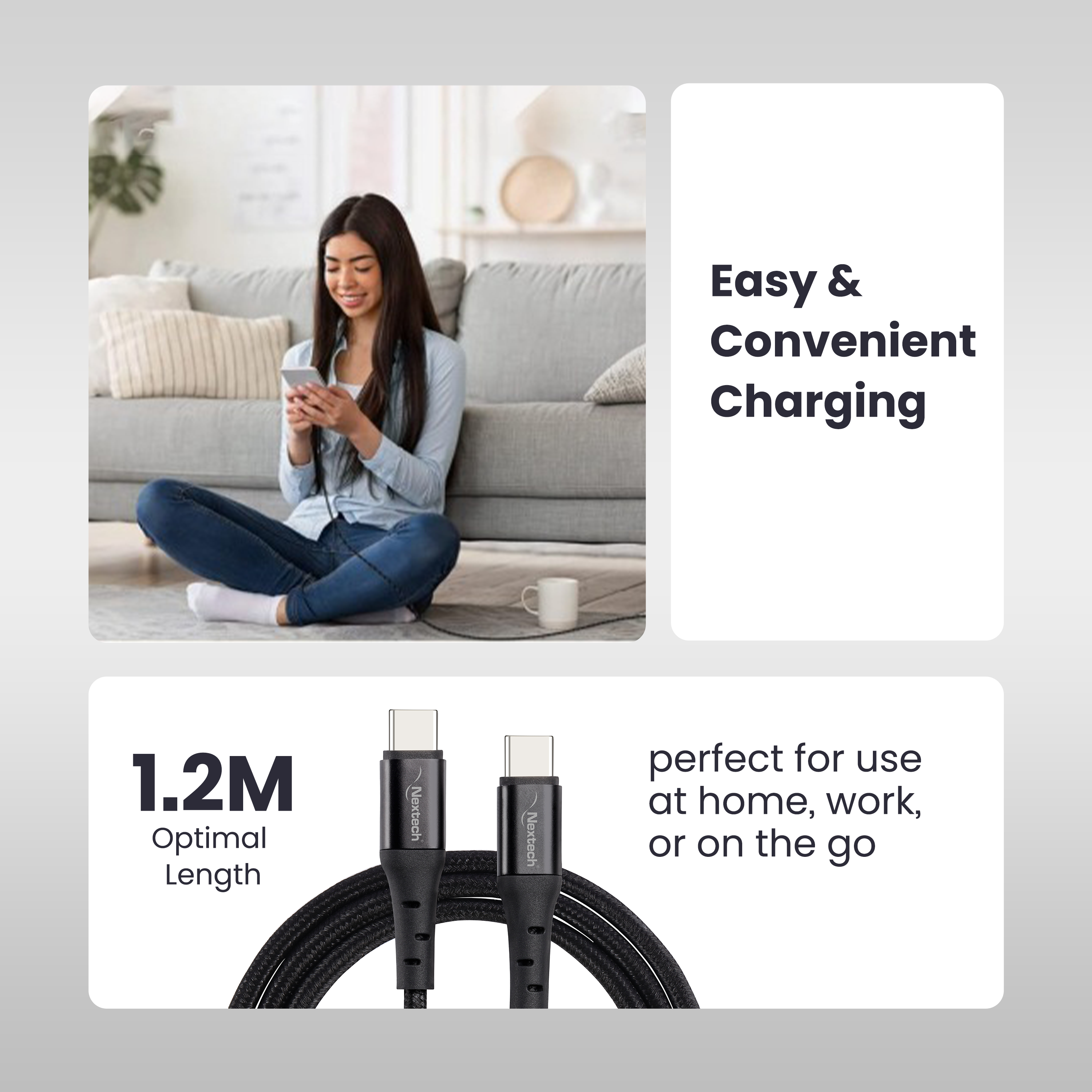 Nextech 65W USB Type-C to Type-C Cable 1.2M Long | Fast Charging Braided USB-C Cable for Smartphones, Laptops & Tablets | Durable, Safe & Tangle-Free C to C Charger Cable (Black)