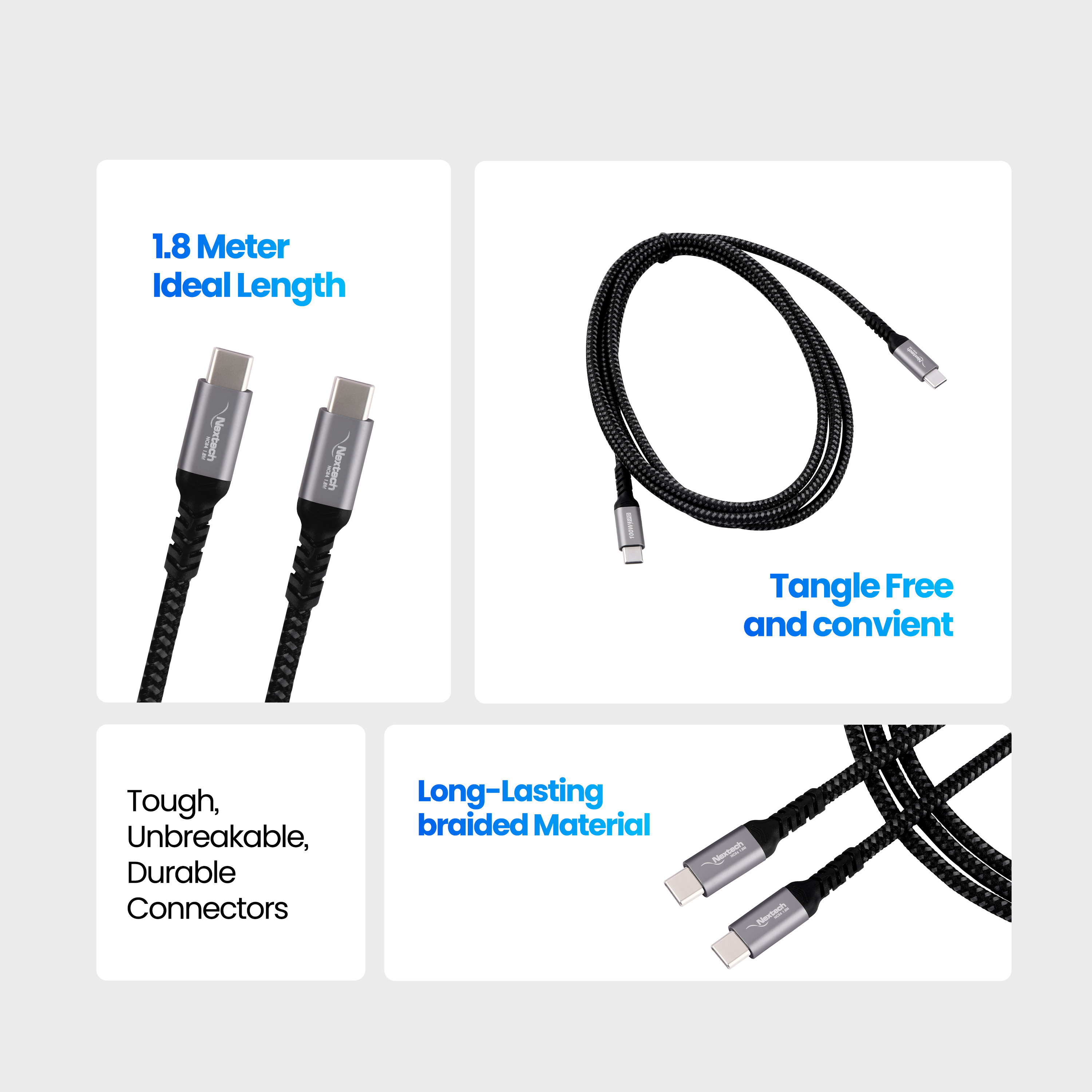 Nextech 100W USB 3.2 Gen 2 Video Type-C To Type-C Cable|Fast Charging Braided Cable|10Gbps Data Sync|Supports DP Alt Mode For 4K Video Output|Compatible With Smartphones,Laptops & More,1.8M,Black