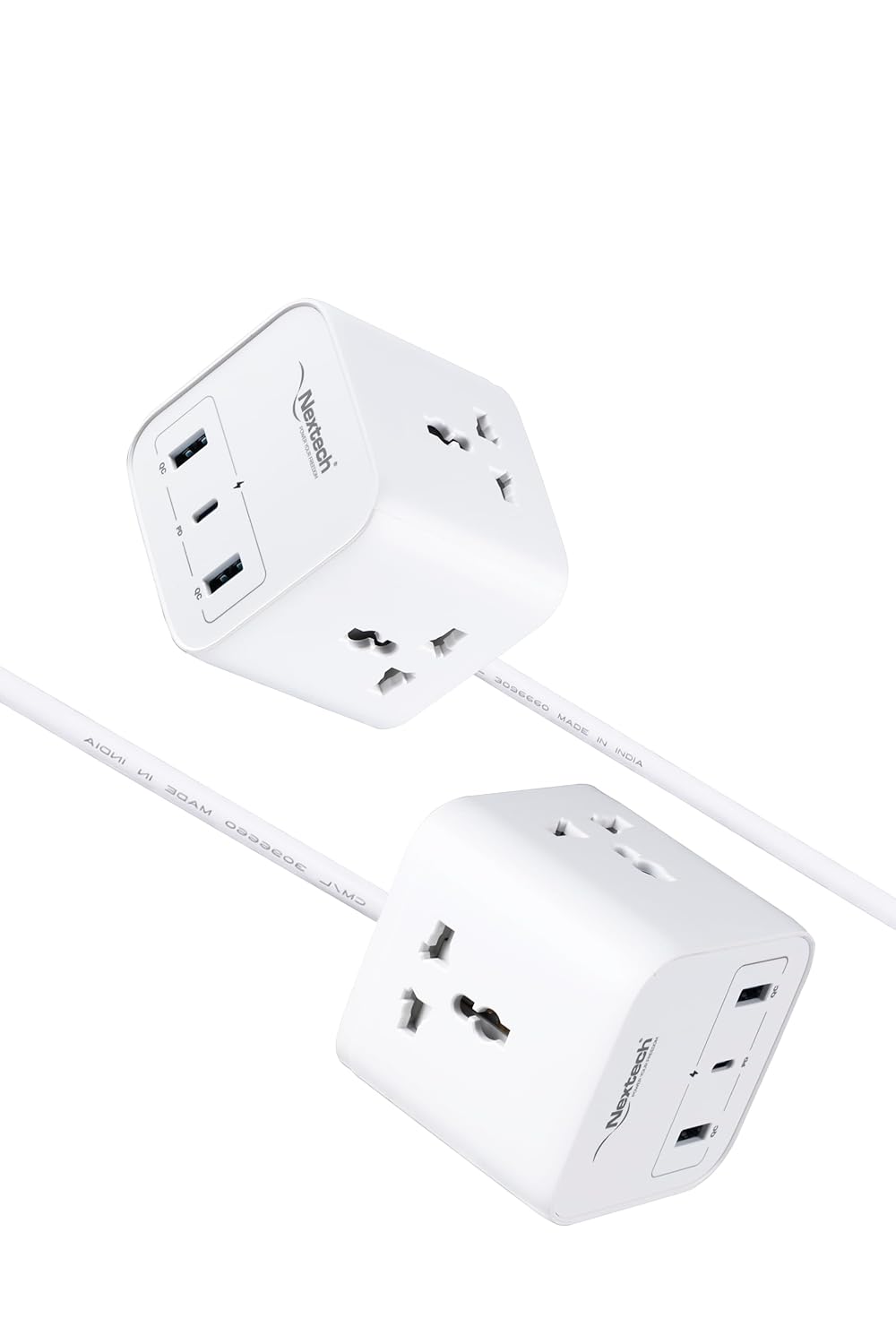 Nextech 20W Cube 20 High Speed Smart Desktop Charger with 2M Copper Cable, Type C PD Port, 2 USB Mach Port, 3 AC Power Socket, Compatible with Laptop,Smartphones,iPhones,Tablet,Power Bank(White)