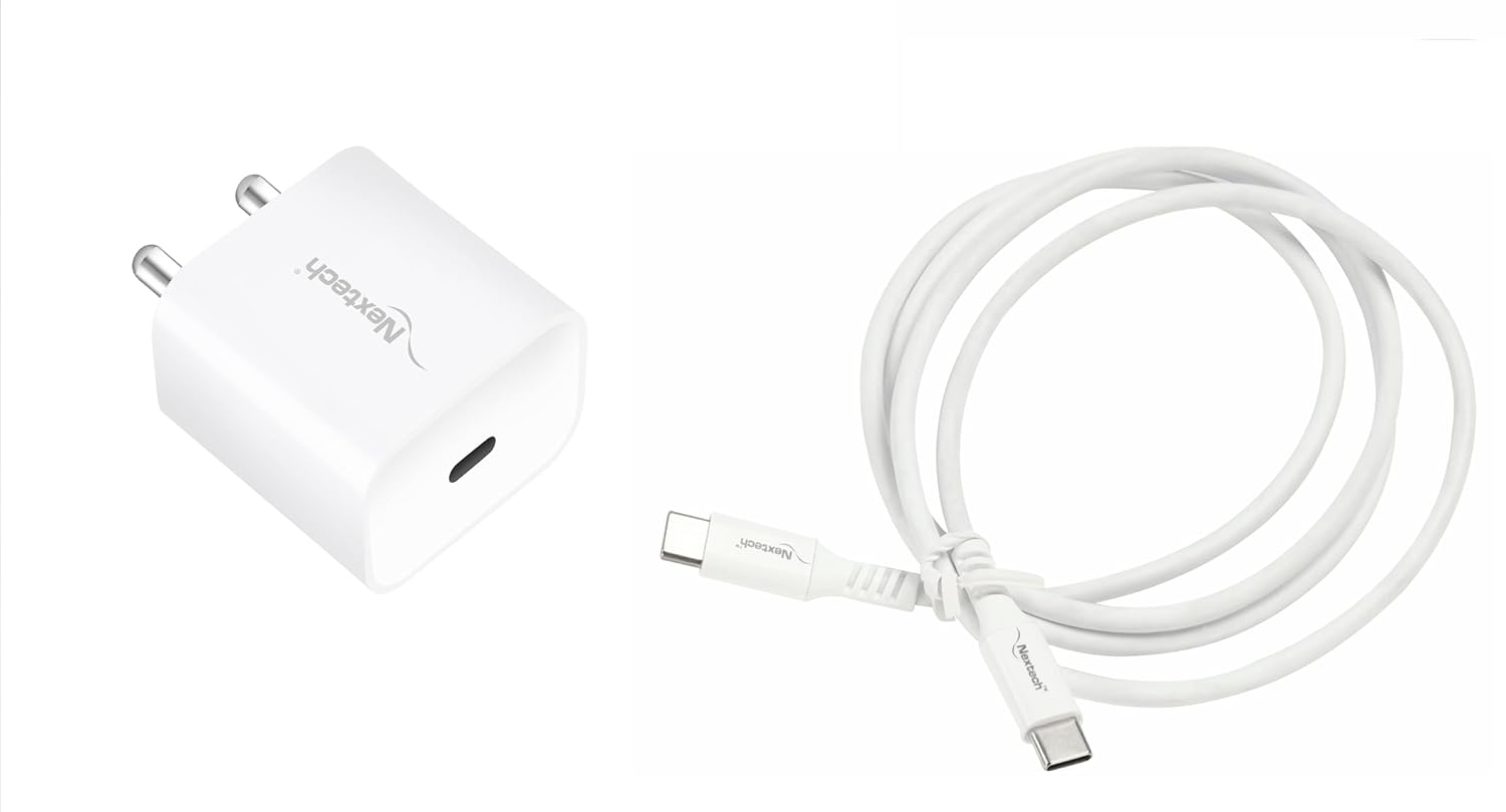 Nextech 20W Type-C Wall Charger with 1M Type-C Cable | Fast Charging Adapter for Android Smartphones & iPhone 16/16 Plus/16 Pro/15/14/13/12 Series | Compact, Safe & Travel-Friendly (White)