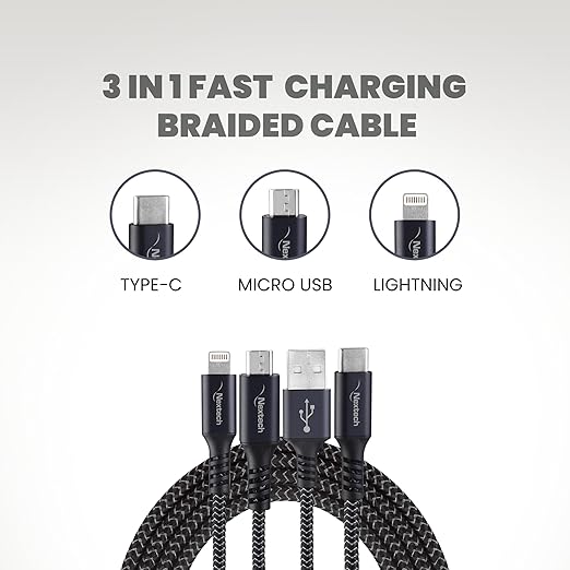 Nextech 3 in 1 Charging USB Cable | Dual Type C & Lightning | Fast Charging for iPhone, iPad, Samsung, OnePlus, Mi, Oppo, Vivo, Xiaomi | Durable, High-Speed Type C Cable Fast Charging, 1.2M