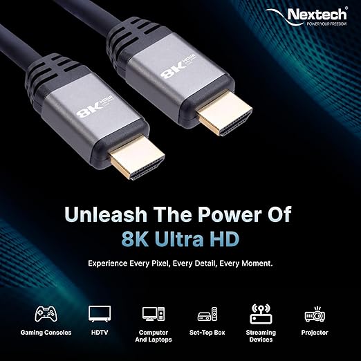 Nextech 8K HDMI 2.1 Ultra HD Certified Cable with 8K@60Hz, 4K@120Hz, High Speed 48Gbps, eARC, 3D connectitiy, Compatible with All HDMI Devices, TV Set-top Box, Gaming Console (1.8 Meters)