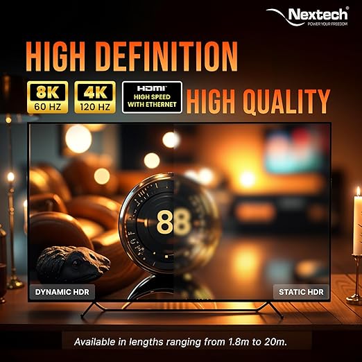 Nextech 8K HDMI 2.1 Ultra HD Certified Cable with 8K@60Hz, 4K@120Hz, High Speed 48Gbps, eARC, 3D connectitiy, Compatible with All HDMI Devices, TV Set-top Box, Gaming Console (1.8 Meters)