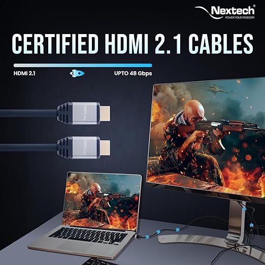 Nextech 8K HDMI 2.1 Ultra HD Certified Cable with 8K@60Hz, 4K@120Hz, High Speed 48Gbps, eARC, 3D connectitiy, Compatible with All HDMI Devices, TV Set-top Box, Gaming Console (1.8 Meters)