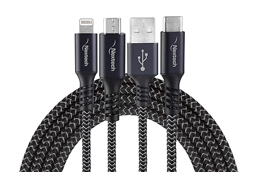 Nextech 3 in 1 Charging USB Cable | Dual Type C & Lightning | Fast Charging for iPhone, iPad, Samsung, OnePlus, Mi, Oppo, Vivo, Xiaomi | Durable, High-Speed Type C Cable Fast Charging, 1.2M