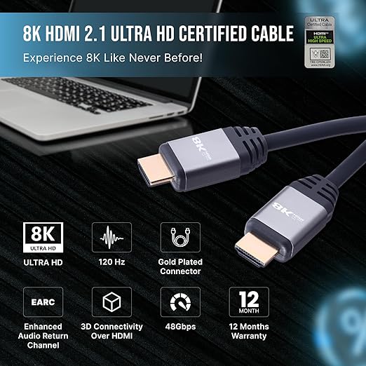 Nextech 8K HDMI 2.1 Ultra HD Certified Cable with 8K@60Hz, 4K@120Hz, High Speed 48Gbps, eARC, 3D connectitiy, Compatible with All HDMI Devices, TV Set-top Box, Gaming Console (1.8 Meters)