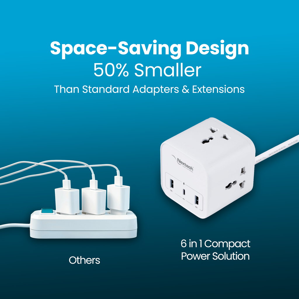 Nextech 20W Cube 20 High Speed Smart Desktop Charger with 2M Copper Cable, Type C PD Port, 2 USB Mach Port, 3 AC Power Socket, Compatible with Laptop,Smartphones,iPhones,Tablet,Power Bank(White)