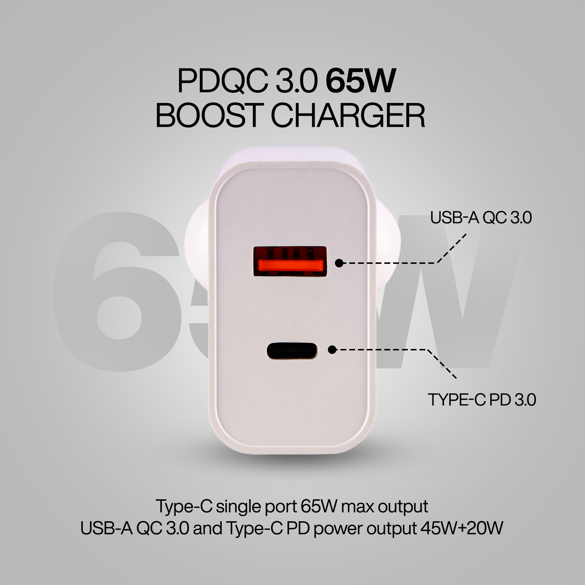 Nextech 65W Fast Charger Adapter – Dual Port (USB-C & USB-A) Mobile & Laptop Charger Compatible with iPhone 16/16+/16 Pro/16 Pro Max, iPhone 15/14/13/12 Series, MacBook, Samsung etc. (White)