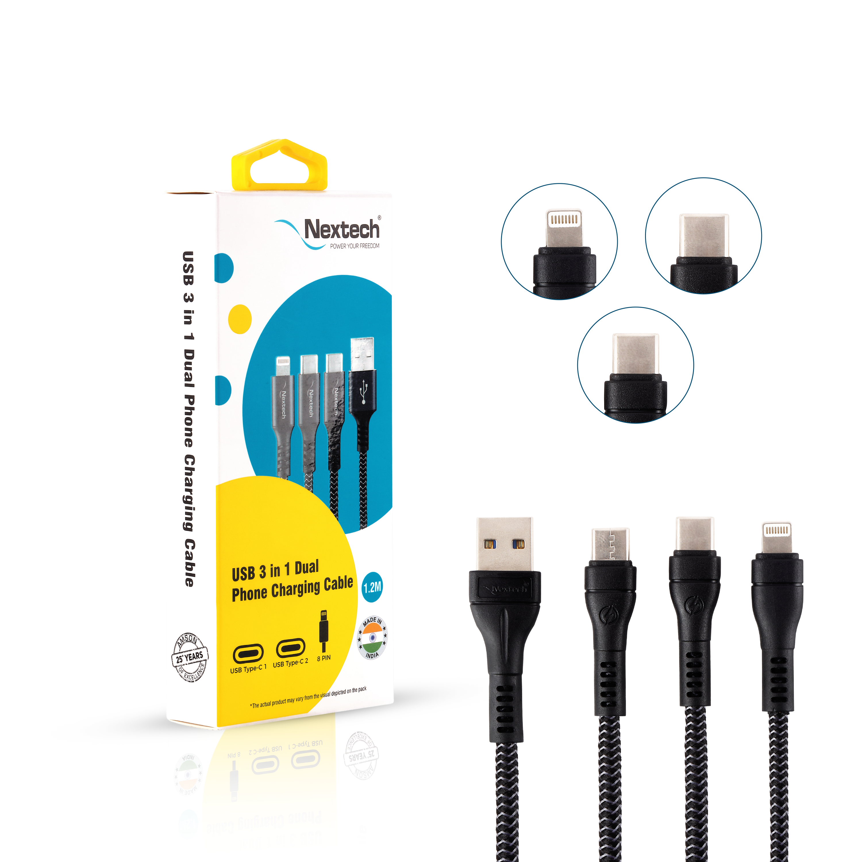 Nextech 3 in 1 Charging USB Cable | Dual Type C & Lightning | Fast Charging for iPhone, iPad, Samsung, OnePlus, Mi, Oppo, Vivo, Xiaomi | Durable, High-Speed Type C Cable Fast Charging, 1.2M