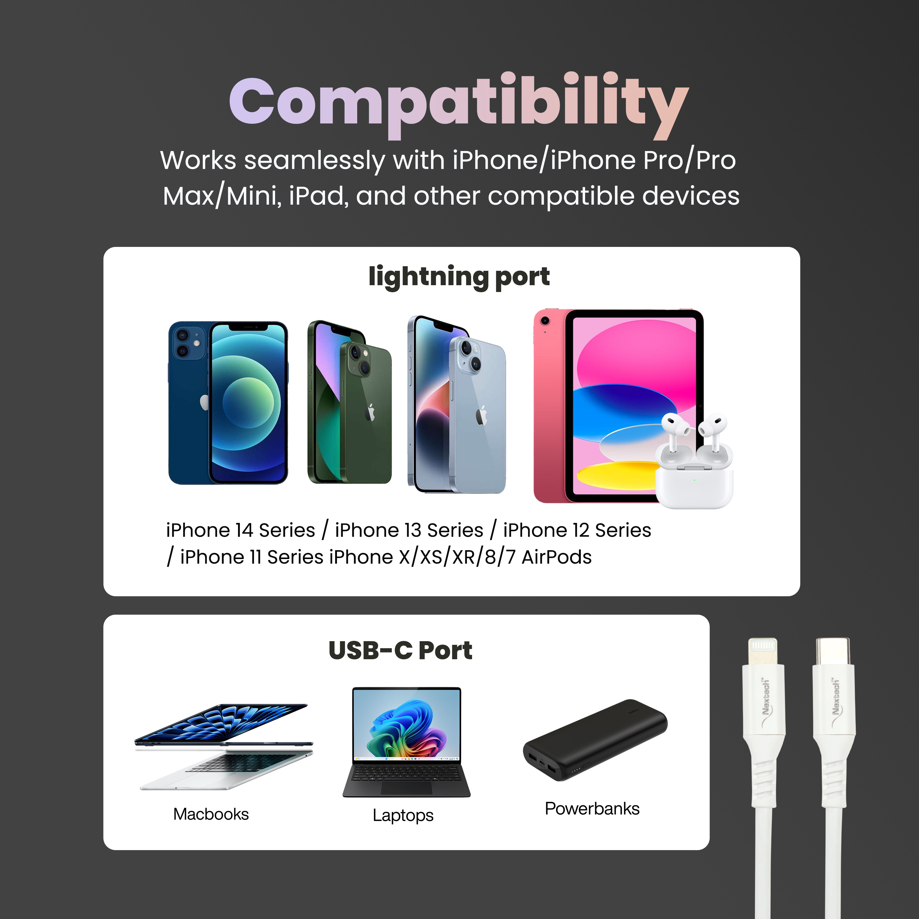 Nextech 20W USB-C to 8 Pin Fast Sync & Charge Cable | USB C to Lightning Cable 1.2M | iPhone Fast Charger Cable for iPhone 14/13/12/12 Pro Max/iPad & More