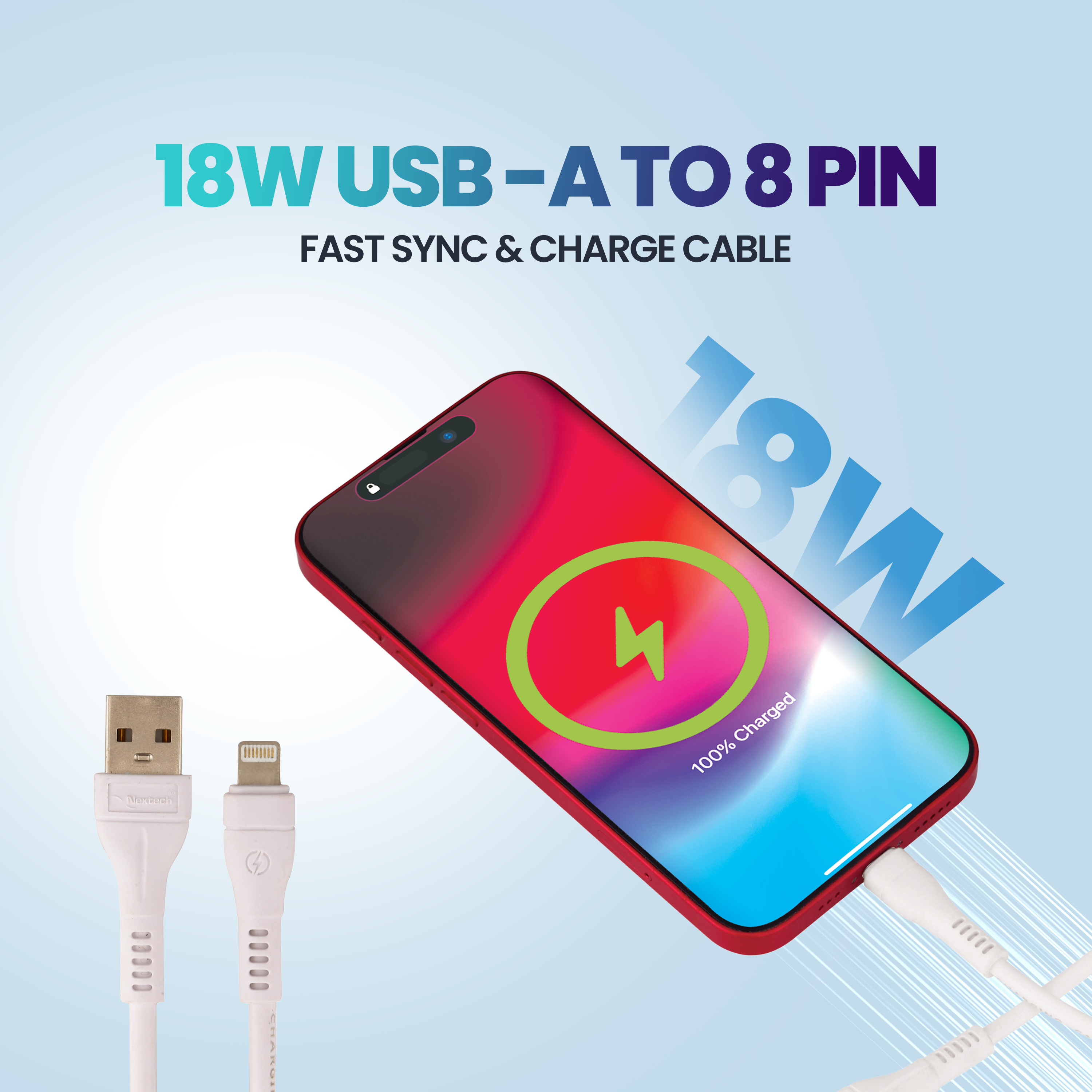 Nextech Fast Sync & Charge 8 Pin Cable | USB to Lightning 3.6A Fast Charging Braided Cable | 18W Max Power | Compatible for iPhone 14, 13, 12, 11, iPad, MacBook, iMac, AirPods | 480Mbps Data Sync