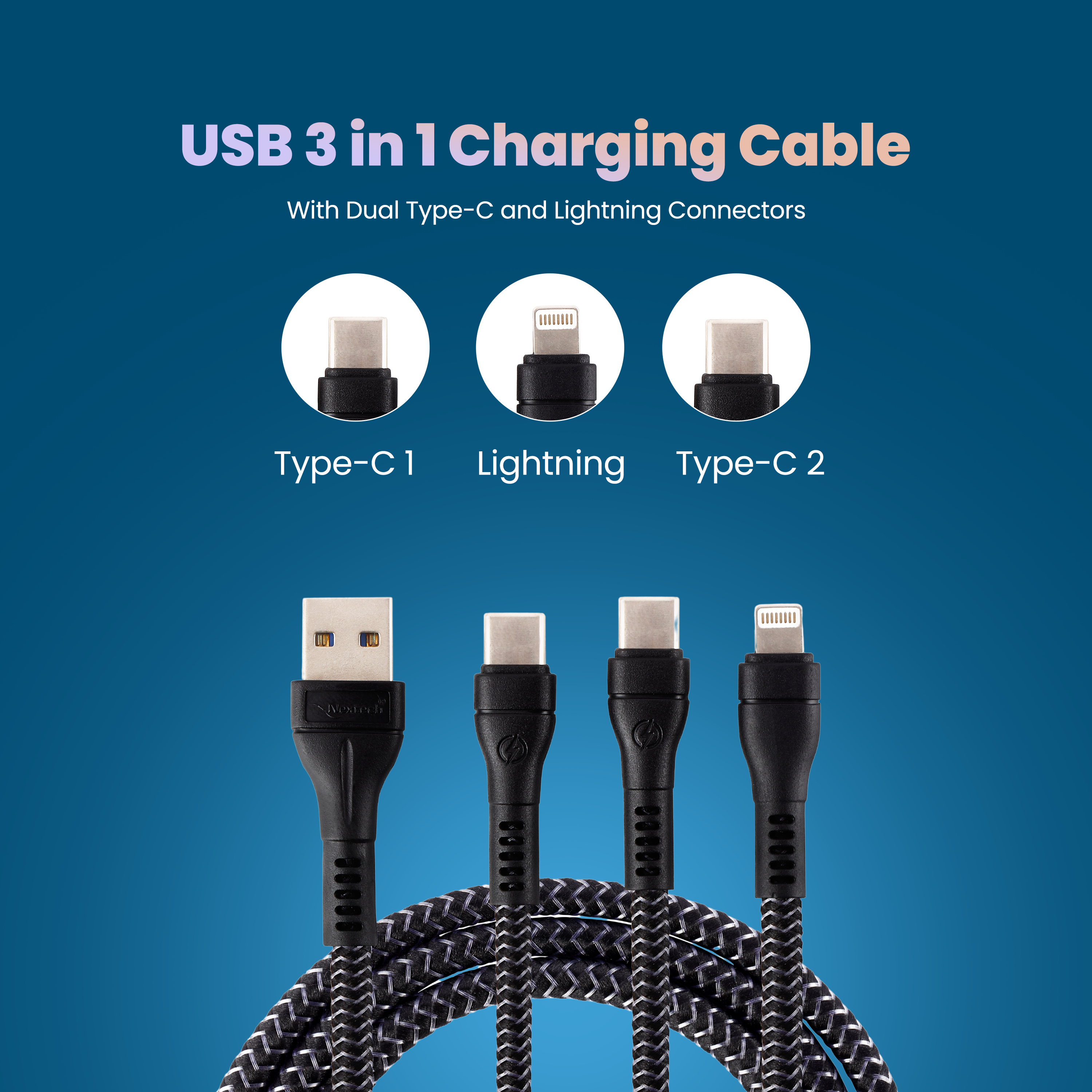 Nextech 3 in 1 Charging USB Cable | Dual Type C & Lightning | Fast Charging for iPhone, iPad, Samsung, OnePlus, Mi, Oppo, Vivo, Xiaomi | Durable, High-Speed Type C Cable Fast Charging, 1.2M