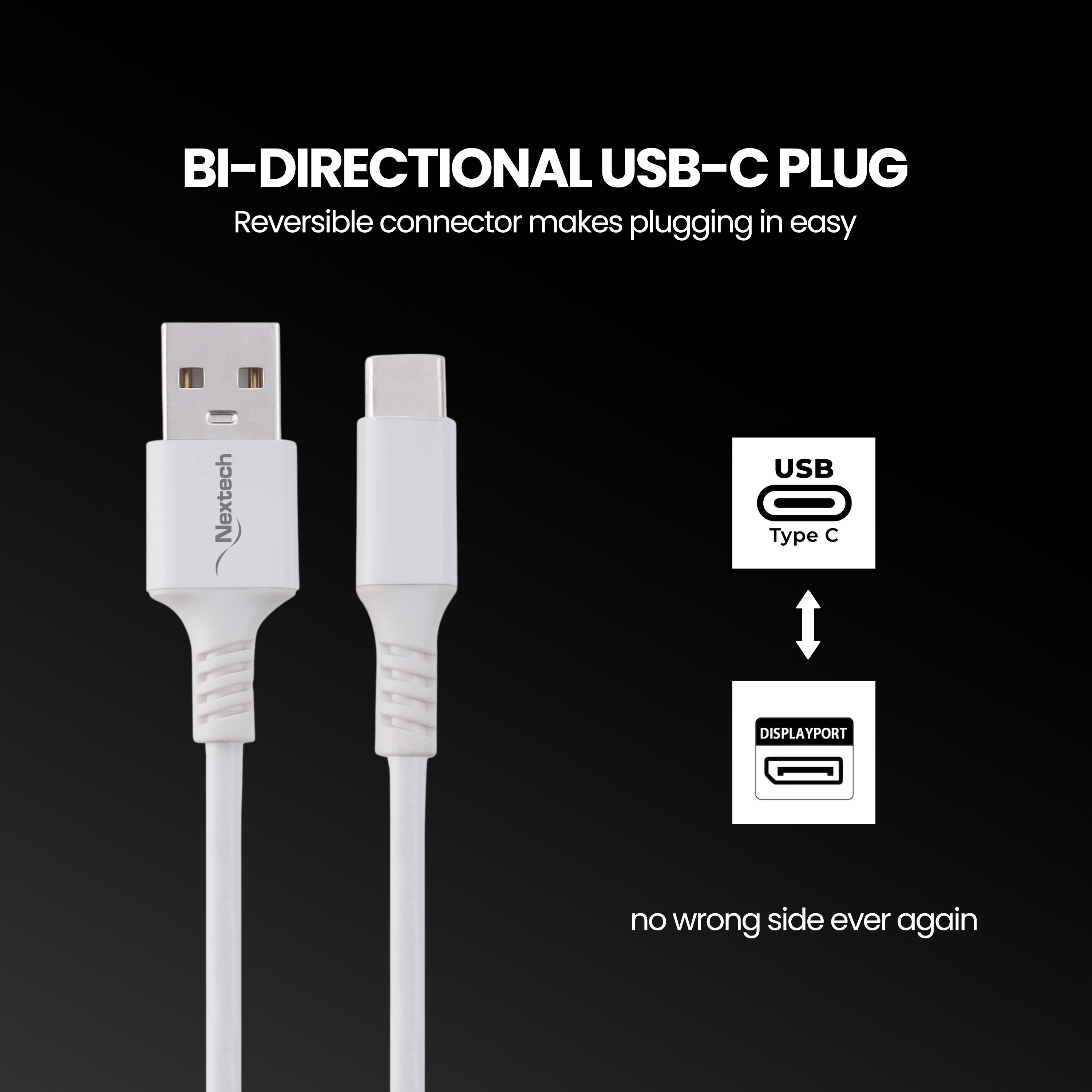 Nextech Braided Type C Cable | 3A Fast Charging for Smartphones, Tablets & Other Type C Devices | 480Mbps Data Sync | 1M USB Type C Cable | Durable, 5K Insertions-Tested, Black