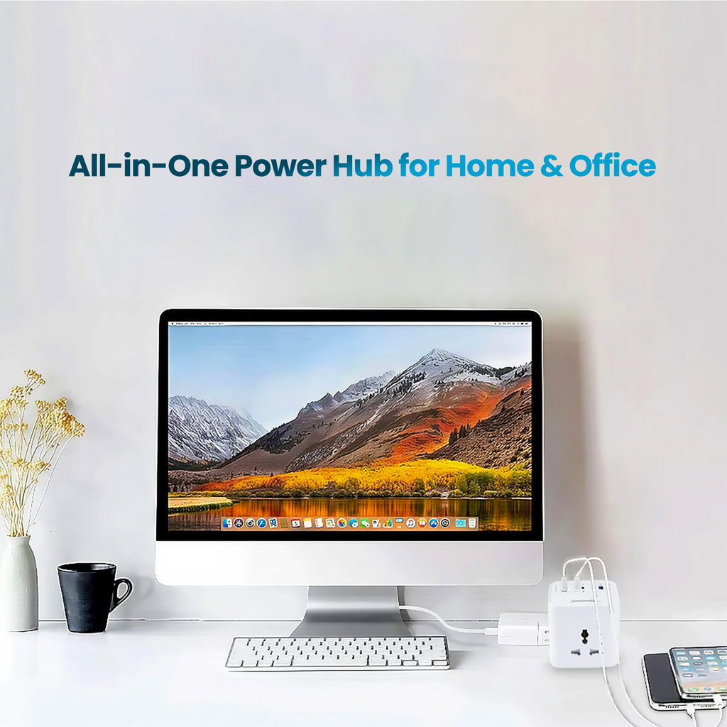 Nextech 20W Cube 20 High Speed Smart Desktop Charger with 2M Copper Cable, Type C PD Port, 2 USB Mach Port, 3 AC Power Socket, Compatible with Laptop,Smartphones,iPhones,Tablet,Power Bank(White)