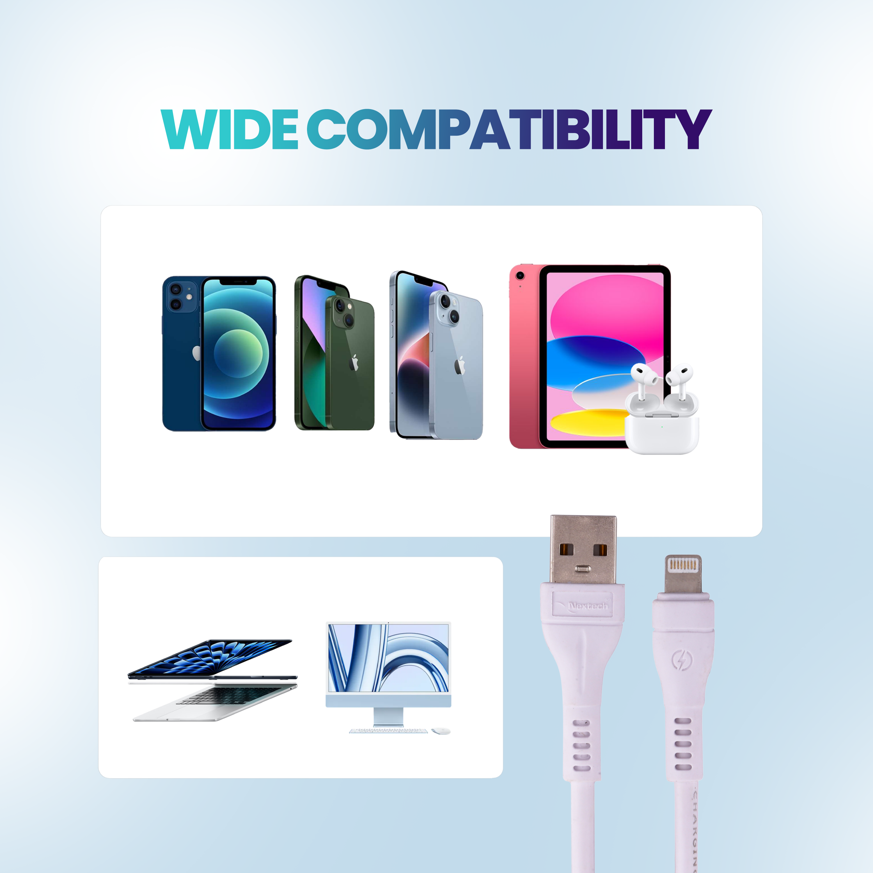 Nextech Fast Sync & Charge 8 Pin Cable | USB to Lightning 3.6A Fast Charging Braided Cable | 18W Max Power | Compatible for iPhone 14, 13, 12, 11, iPad, MacBook, iMac, AirPods | 480Mbps Data Sync