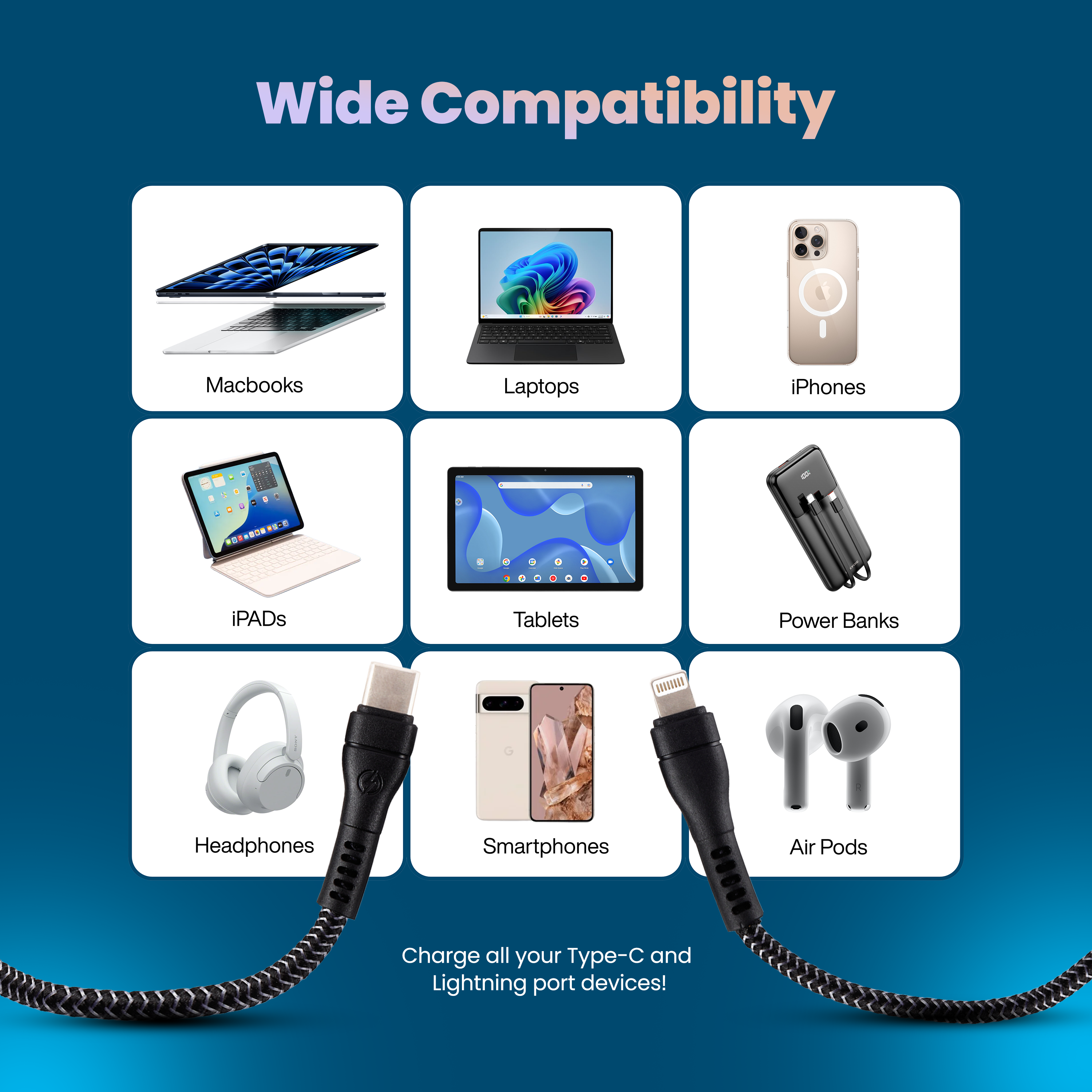 Nextech 3 in 1 Charging USB Cable | Dual Type C & Lightning | Fast Charging for iPhone, iPad, Samsung, OnePlus, Mi, Oppo, Vivo, Xiaomi | Durable, High-Speed Type C Cable Fast Charging, 1.2M