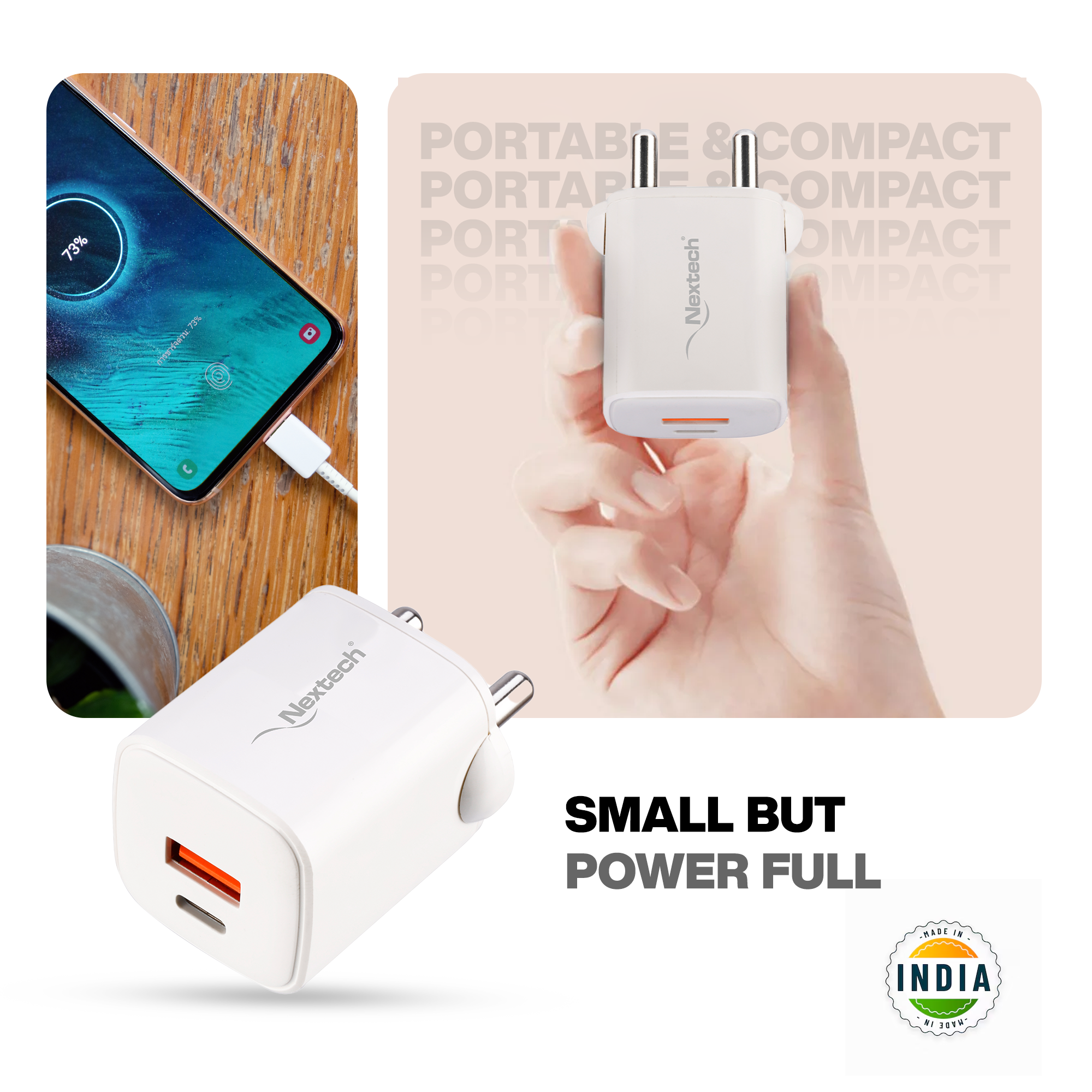 Nextech 35W Dual Port PDQC3.0 GaN, BIS Certified, Made in India Fast Charger & Adapter | Compatible with All Android & Smartphones, iPhones, iPads, Tablets | Fast Charger Type C | Universal Charger